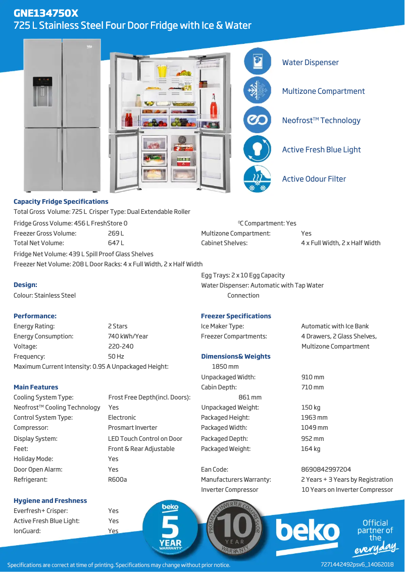 Page 1 de la notice Fiche technique Beko GNE134750X