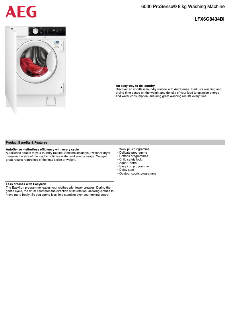 Page 1 de la notice Fiche technique AEG LFX6G8434BI