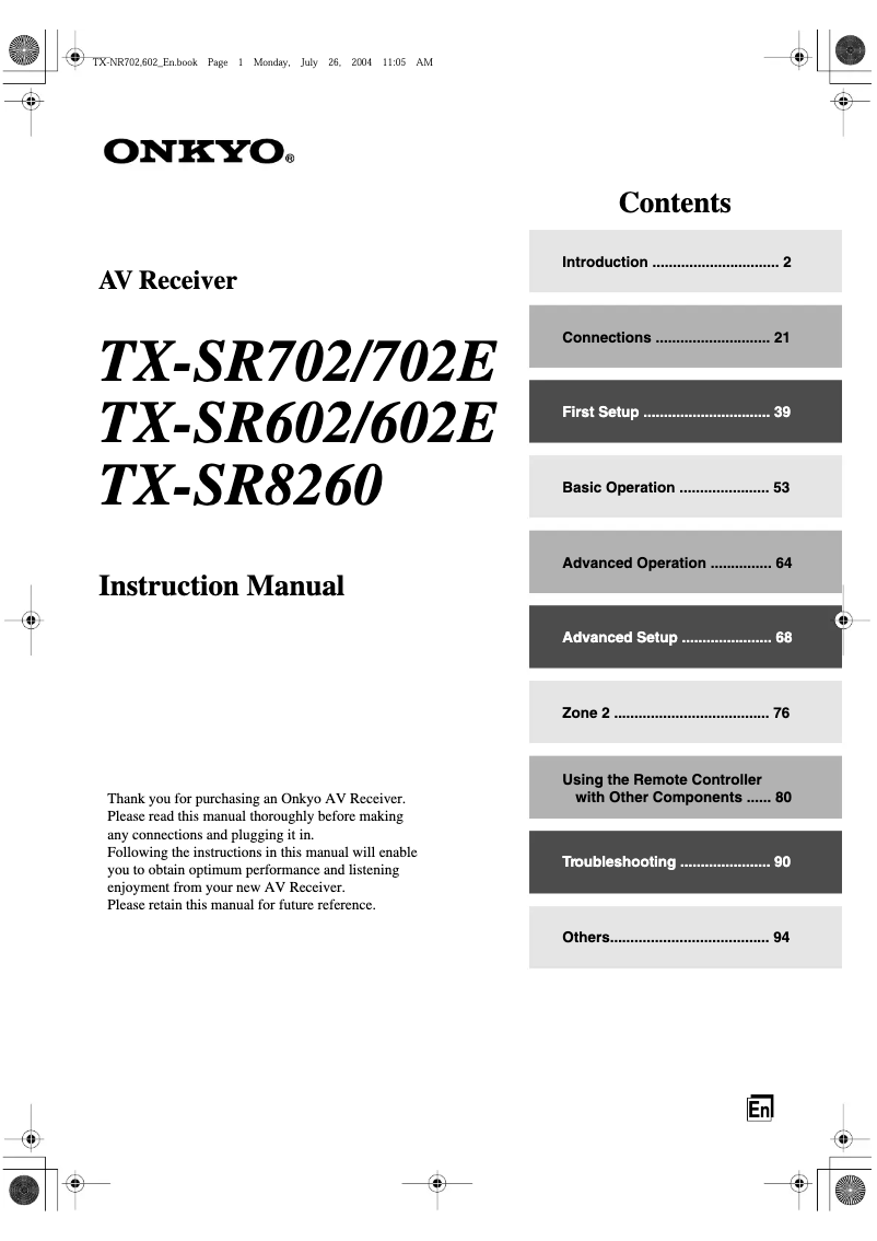 Page 1 of the manual User Manual Onkyo TX-SR8260