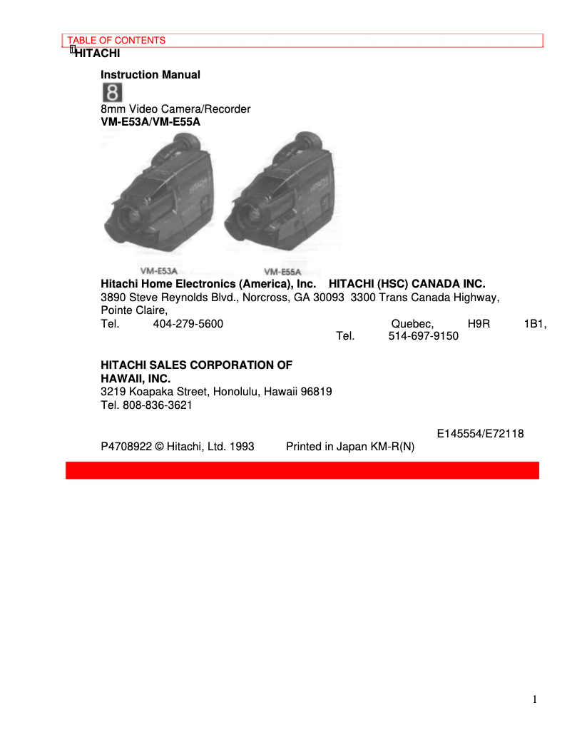 Page 1 of the manual User Manual Hitachi VM-E53A