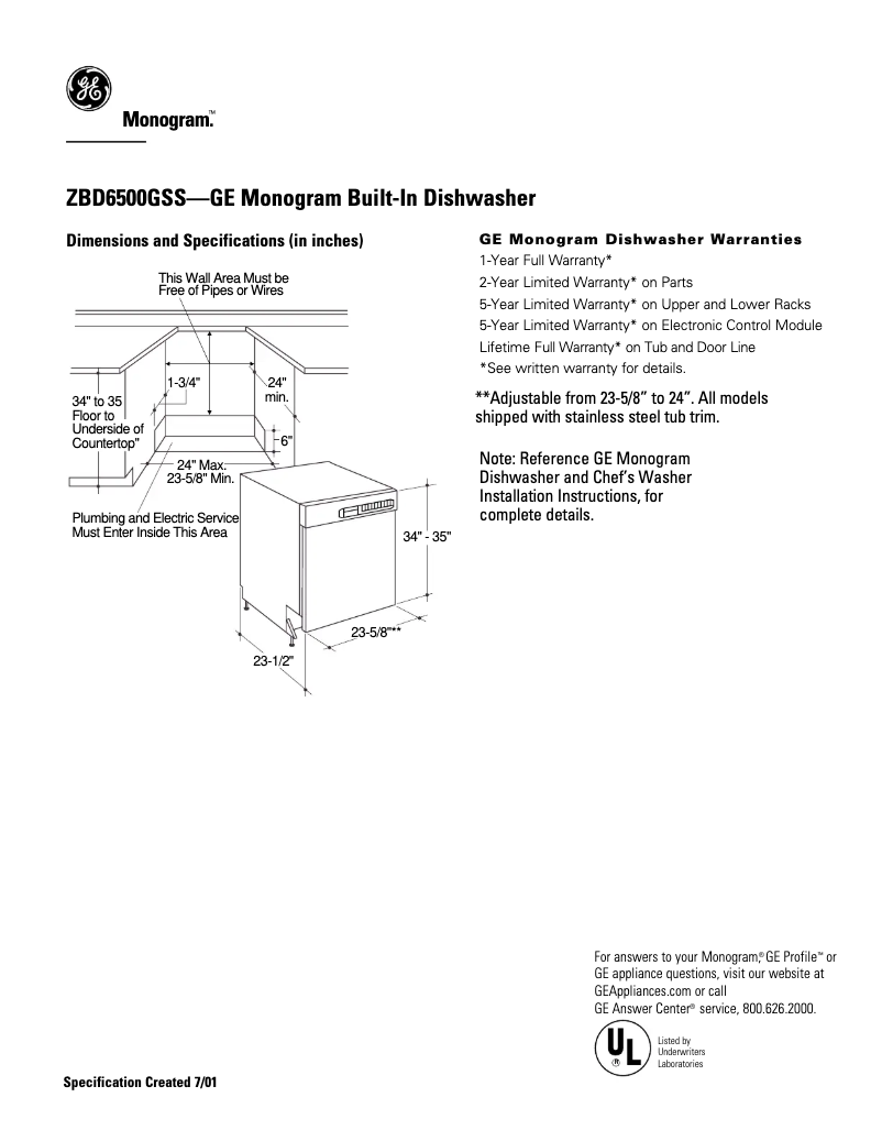 Page 1 of the manual Technical Sheet GE ZBD6500GSS
