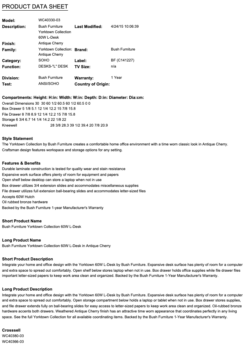 Page 1 de la notice Fiche technique Bush Yorktown WC40330-03