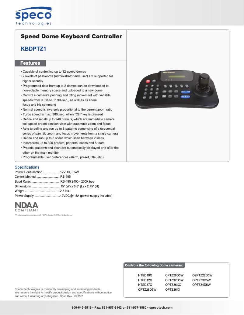 Page 1 of the manual Technical Sheet Speco Technologies KBDPTZ1