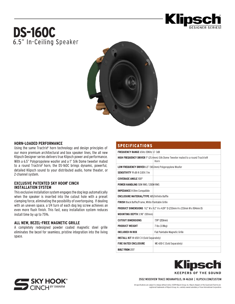 Page 1 de la notice Fiche technique Klipsch DS-160C