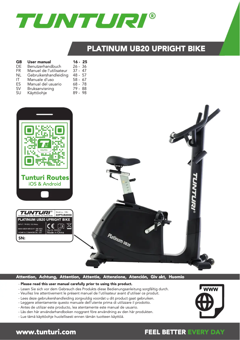 Page 1 de la notice Manuel utilisateur Tunturi Platinum UB20