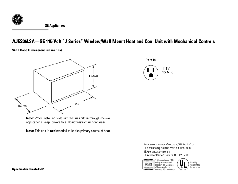 Page 1 of the manual Technical Sheet GE AJES06LSA