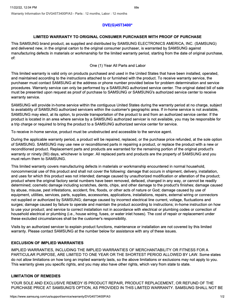 Página 1 del manual Información de garantía Samsung DVG45T3400P