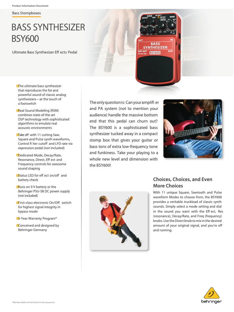Página 1 del manual Ficha técnica Behringer Bass Synthesizer BSY600