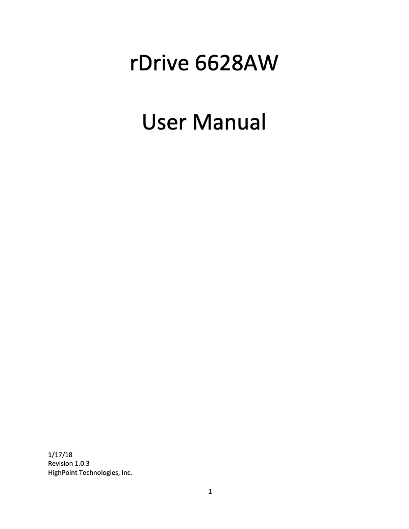 Page 1 of the manual User Manual Highpoint rDrive 6628AW