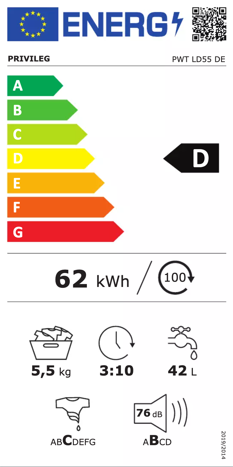 Page 1 de la notice Label énergétique Privileg PWT LD55 DE