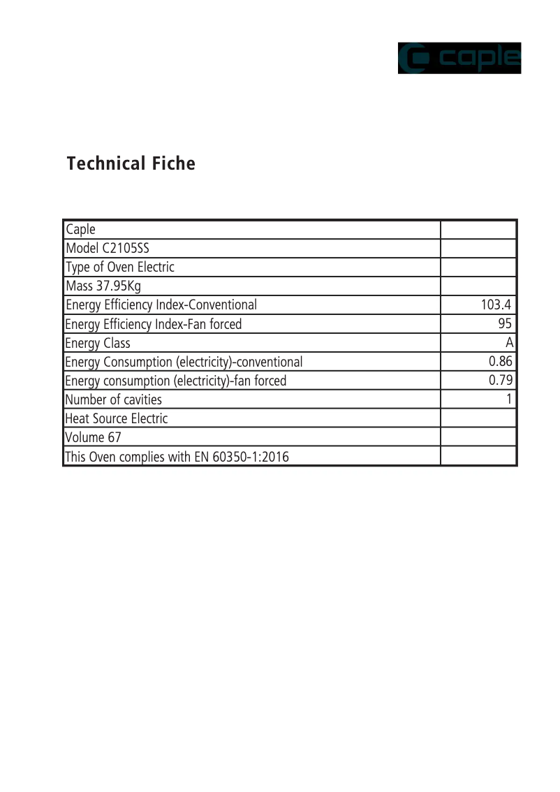Page 1 de la notice Fiche technique Caple C2105SS