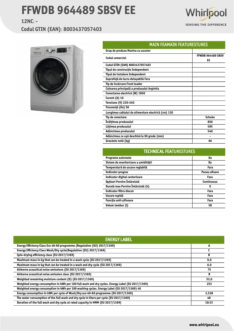 Page 1 de la notice Fiche technique Whirlpool FFWDB 964489 SBSV EE