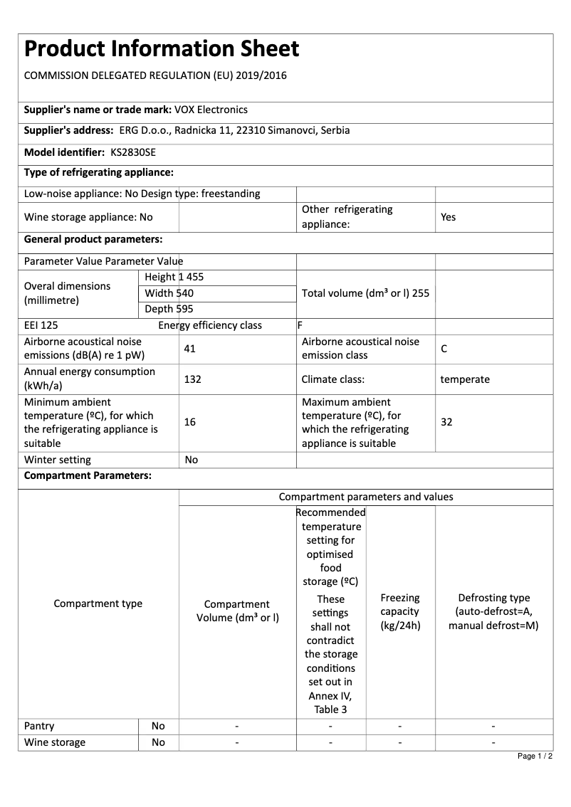 Página 1 del manual Ficha técnica VOX KS 2830 SE