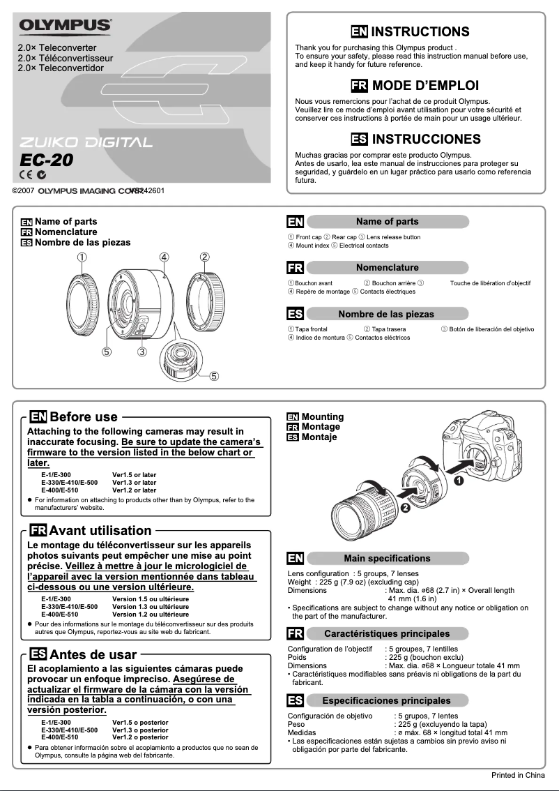 Page 1 de la notice Manuel utilisateur Olympus EC-20 2.0x