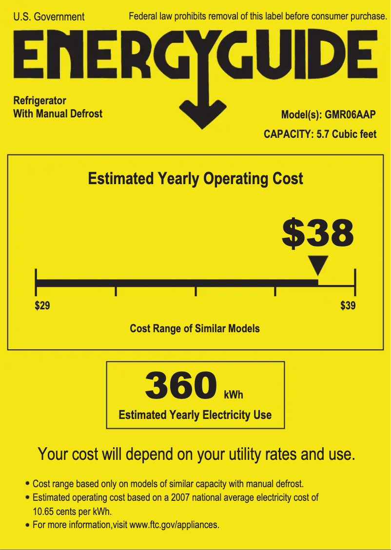 Page 1 of the manual Energy Label GE Spacemaker GMR06AAPBB