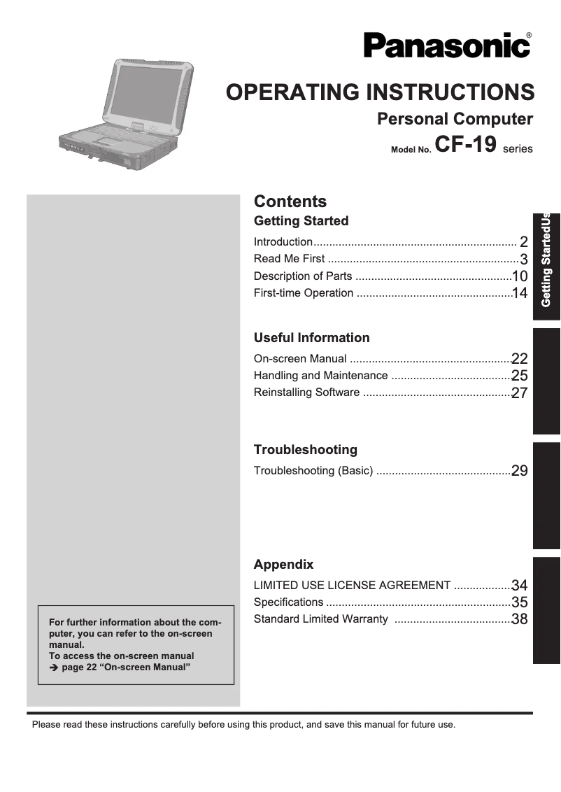 Page 1 de la notice Manuel utilisateur Panasonic Toughbook CF-19K