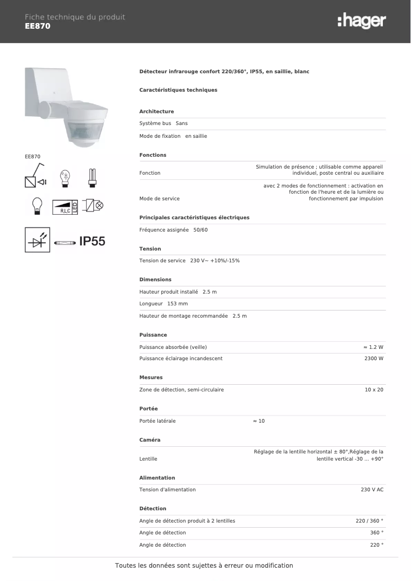 Page 1 de la notice Fiche technique Hager EE870