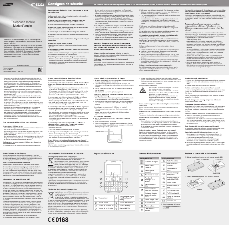 Page 1 de la notice Manuel utilisateur Samsung Chat 222 GT-E2222