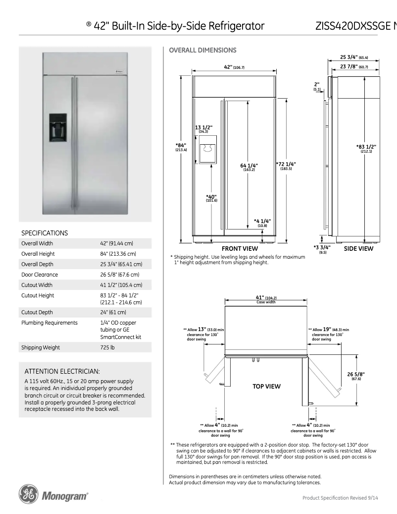 Page 1 de la notice Fiche technique GE ZISS420DXSS
