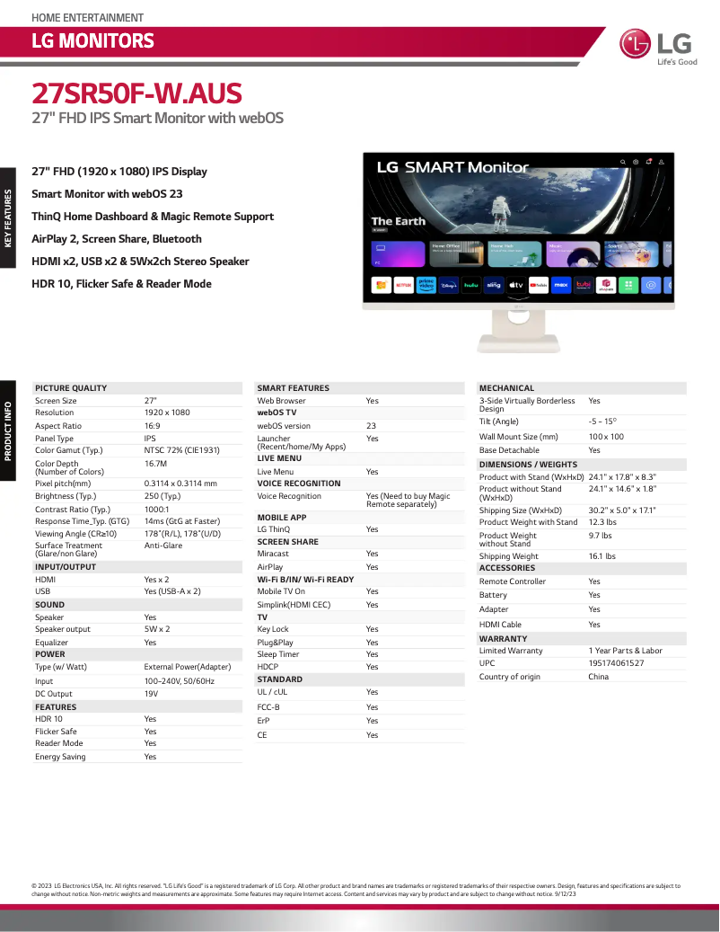 Page 1 de la notice Fiche technique LG 27SR50F