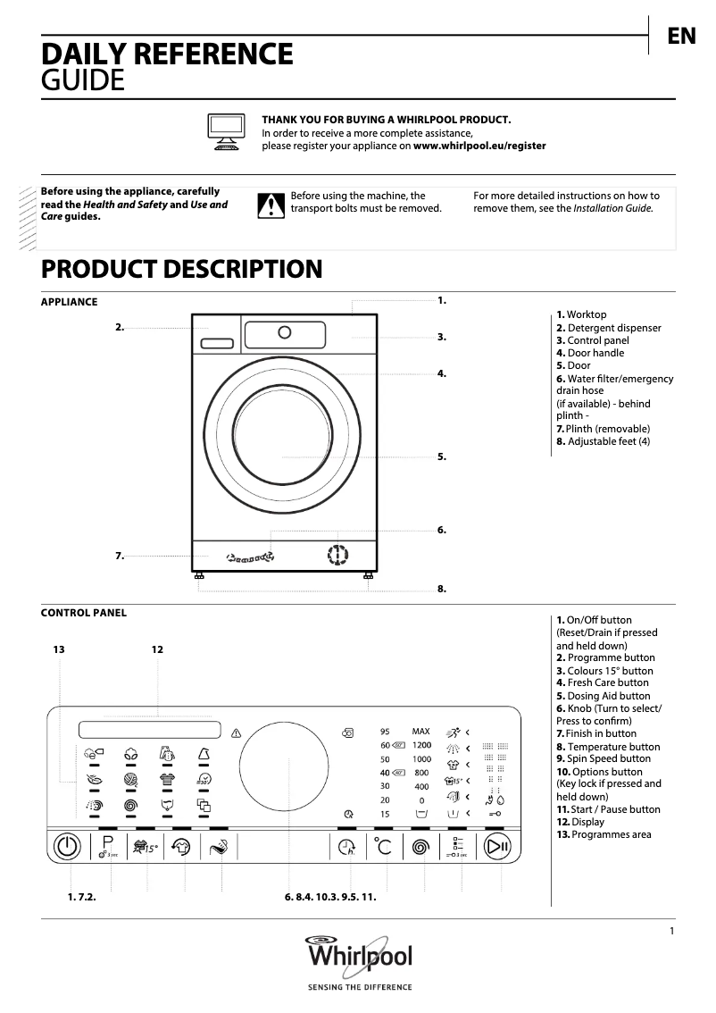 Page 1 de la notice Manuel utilisateur Whirlpool FSCR10422