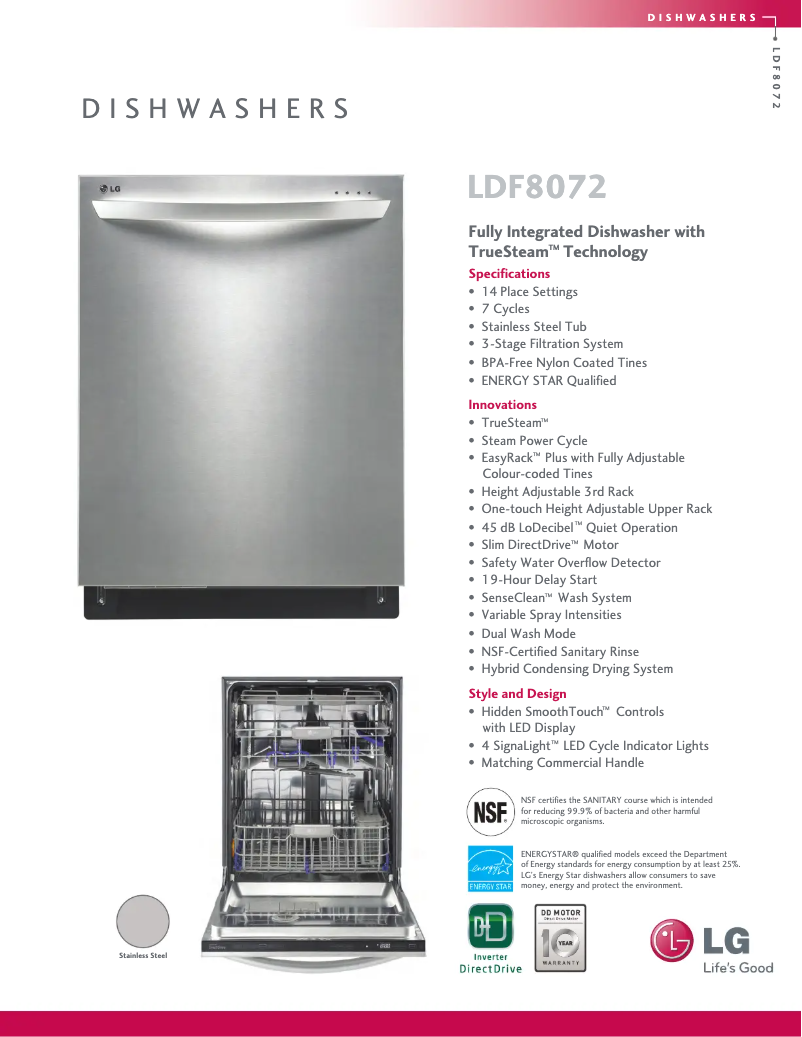 Page 1 de la notice Fiche technique LG LDF8072ST