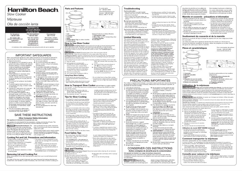 Page 1 de la notice Manuel utilisateur Hamilton Beach 33669