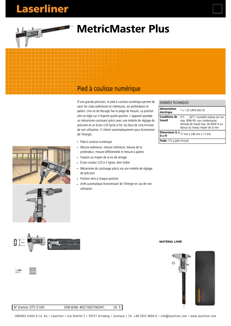 Page 1 of the manual Technical Sheet Laserliner MetricMaster Plus