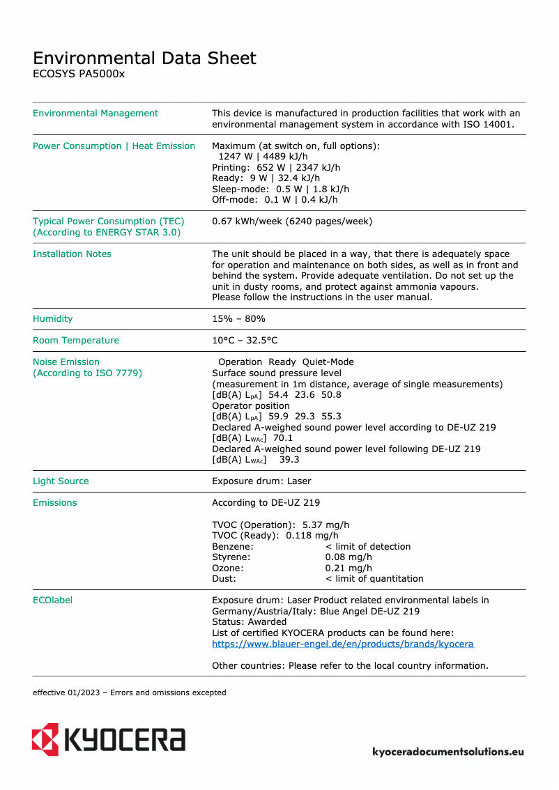 Page 1 of the manual Technical Sheet Kyocera ECOSYS PA5000x