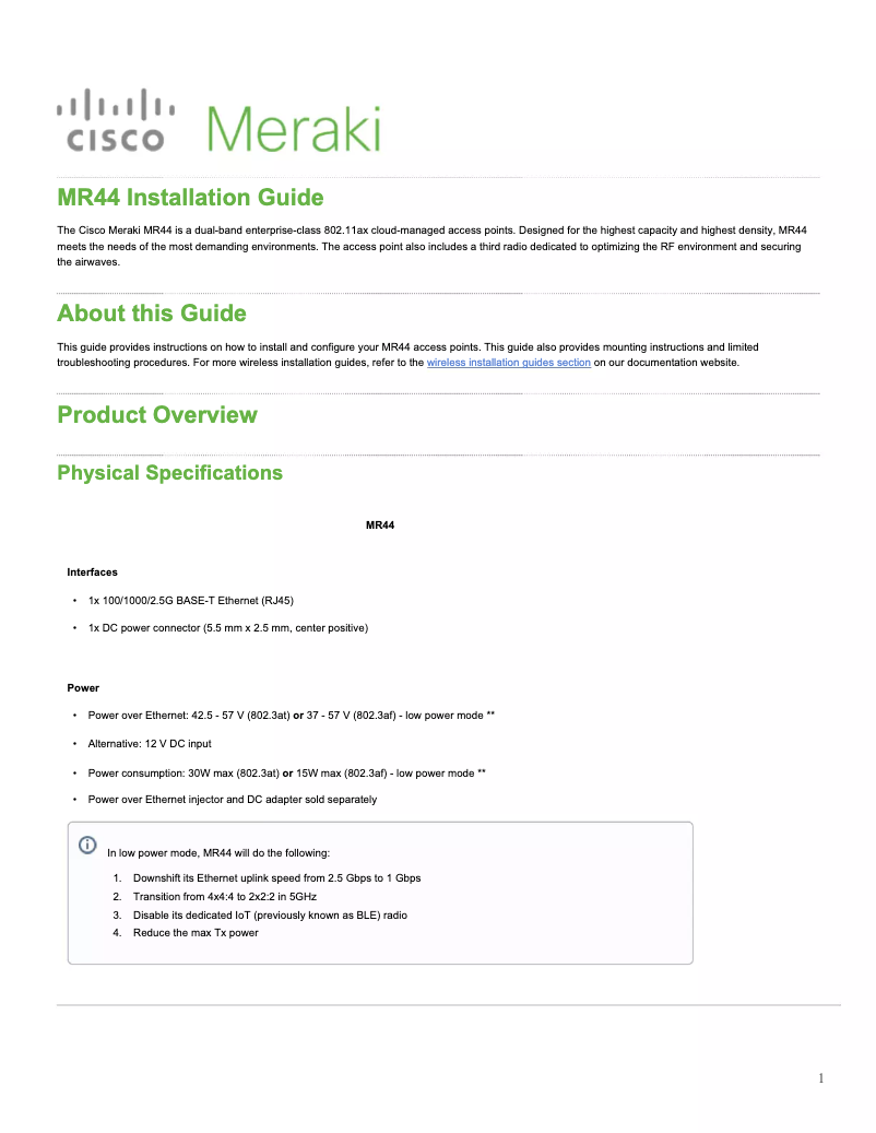 Página 1 del manual Manual de usuario Meraki MR44
