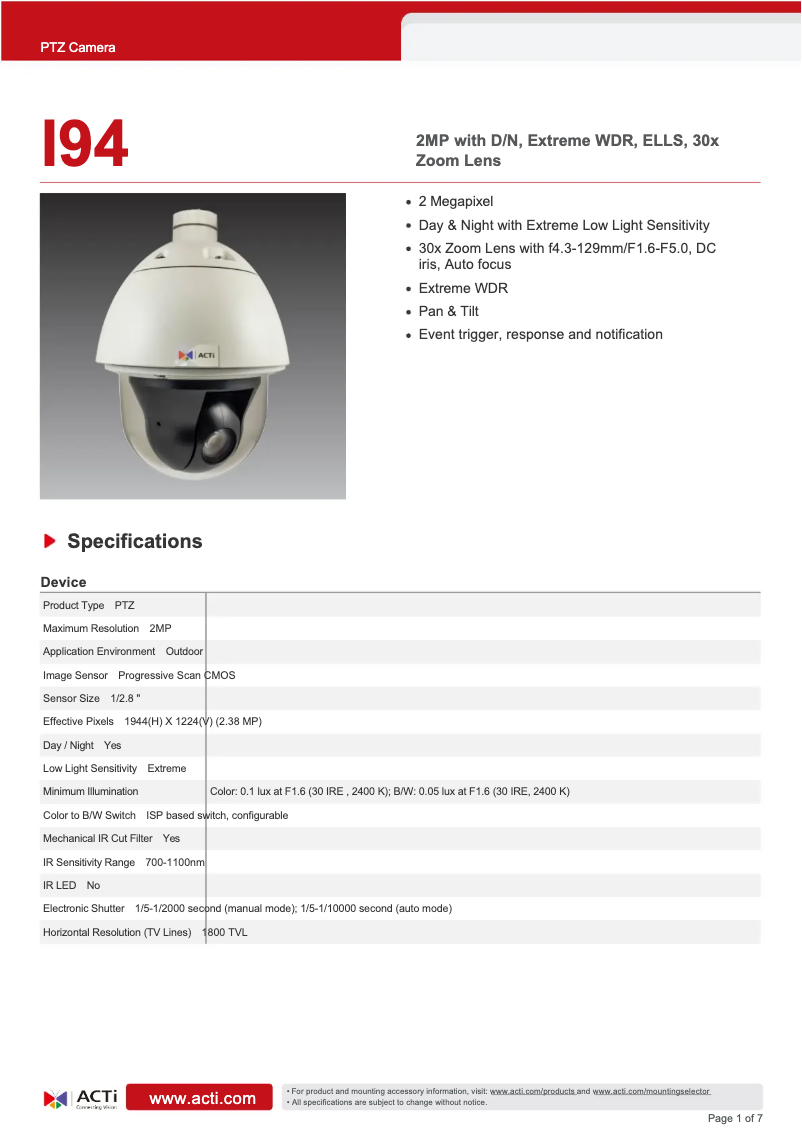 Page 1 de la notice Fiche technique ACTi I94