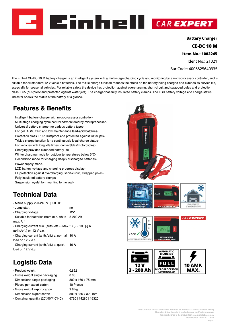 Page 1 de la notice Fiche technique Einhell CE-BC 10 M