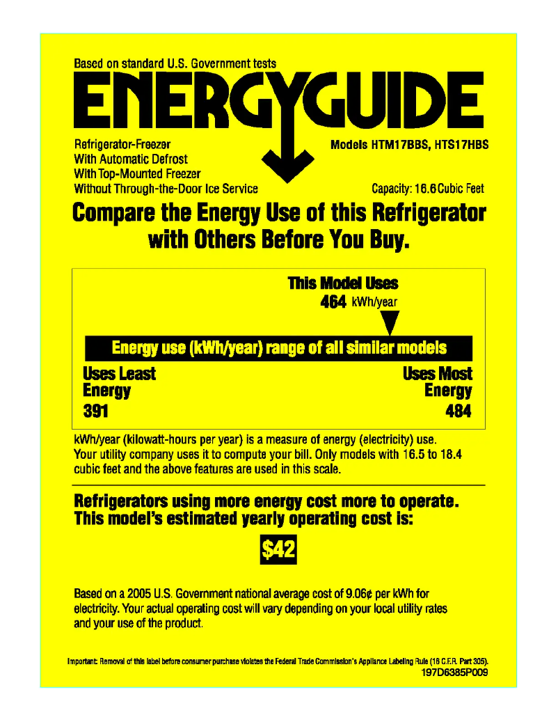 Page 1 de la notice Label énergétique Hotpoint HTS17HBSWW