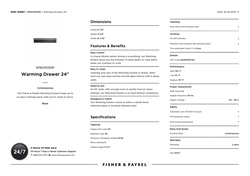 Página 1 del manual Ficha técnica Fisher & Paykel WB24SDEB1