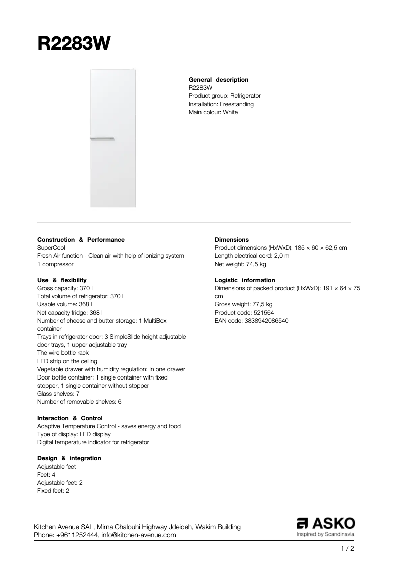 Page 1 of the manual Technical Sheet Asko R2283W