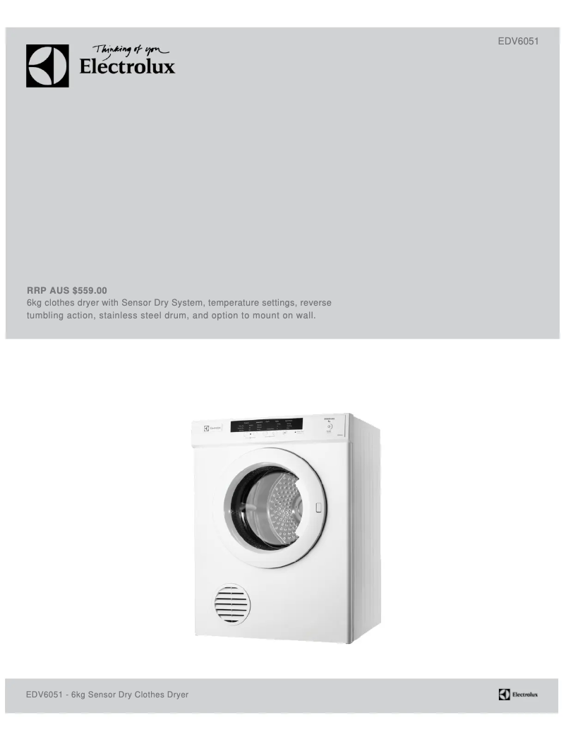 Page 1 de la notice Fiche technique Electrolux EDV6051