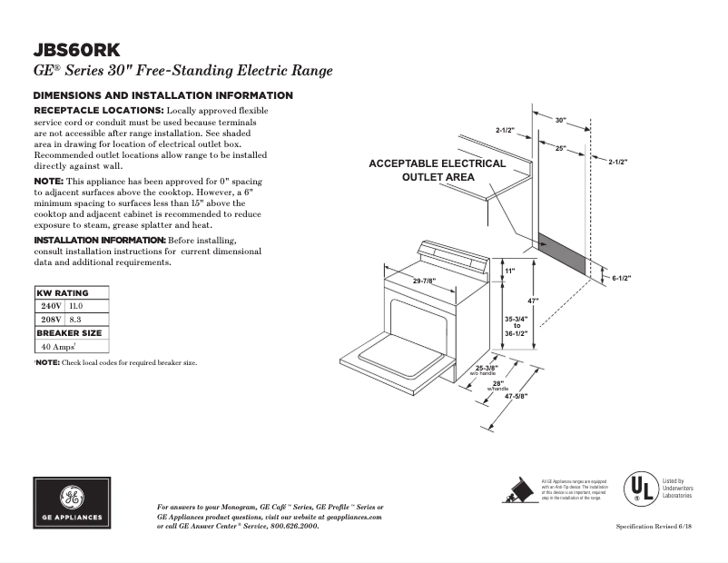 Página 1 del manual Ficha técnica GE JBS60RKSS