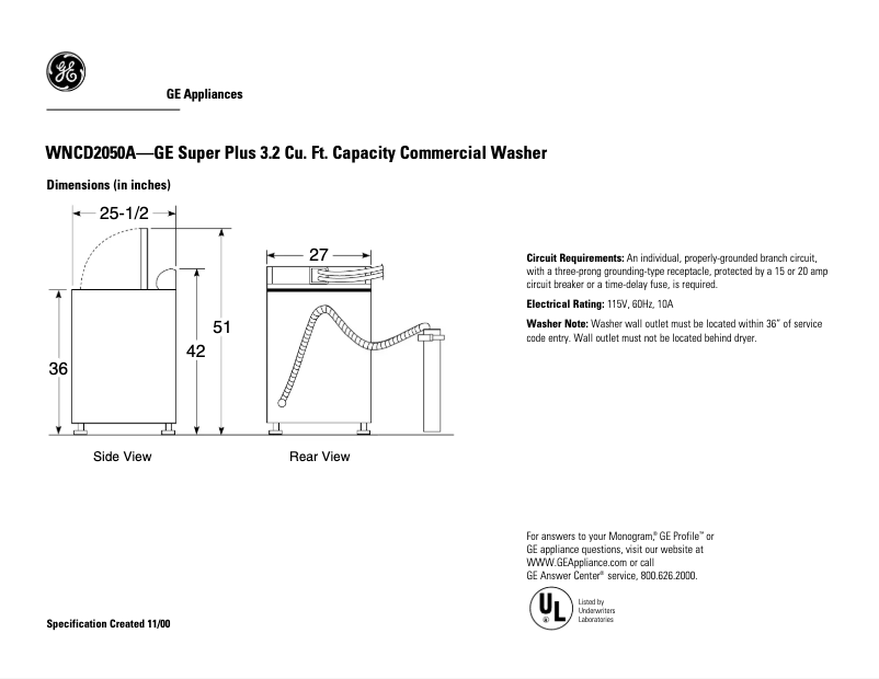 Page n°1 - Fiche technique GE WNCD2050AWC
