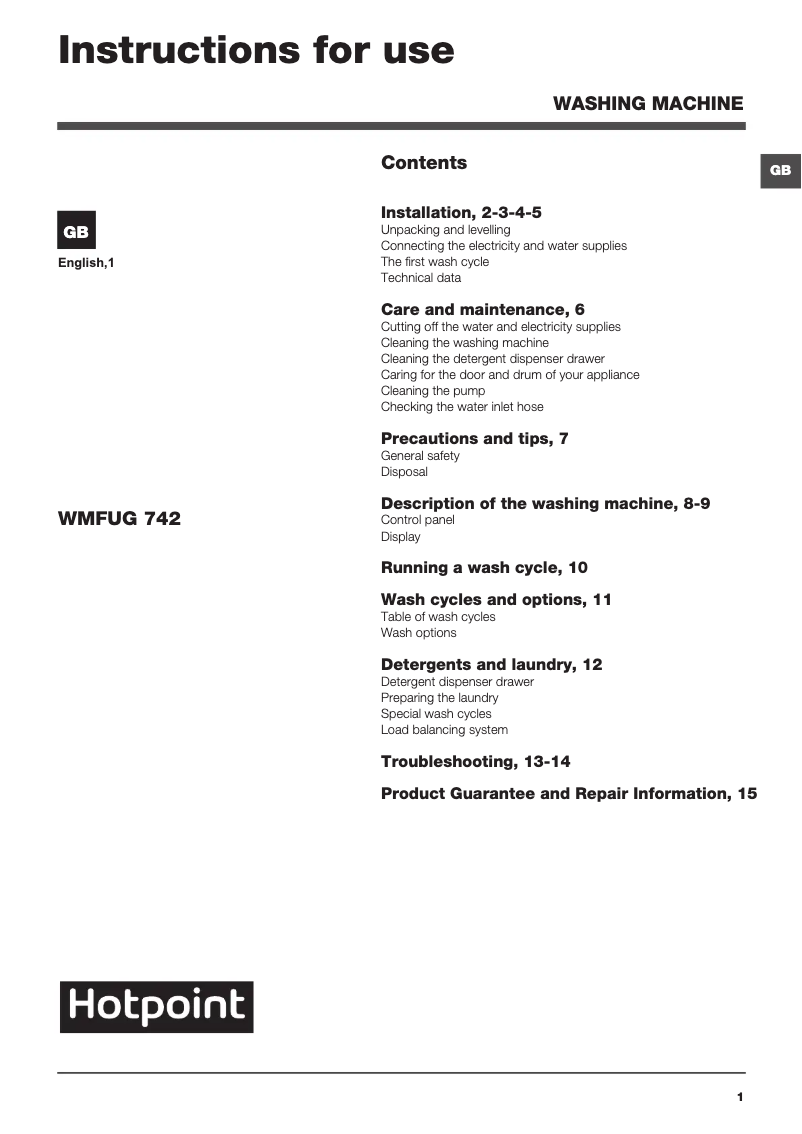 Página 1 del manual Manual de usuario Hotpoint WMFUG 742 P UK.M