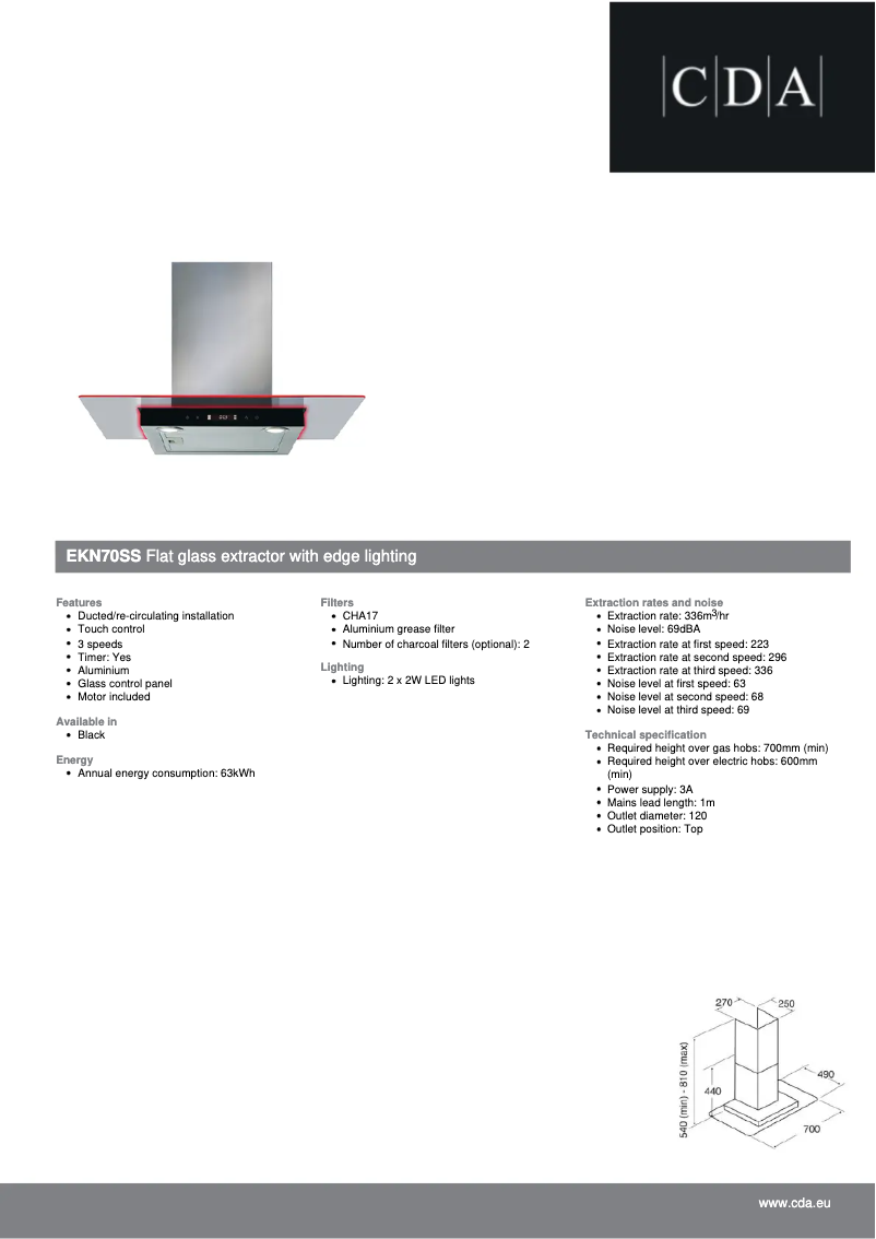 Page 1 of the manual Technical Sheet CDA EKN70SS