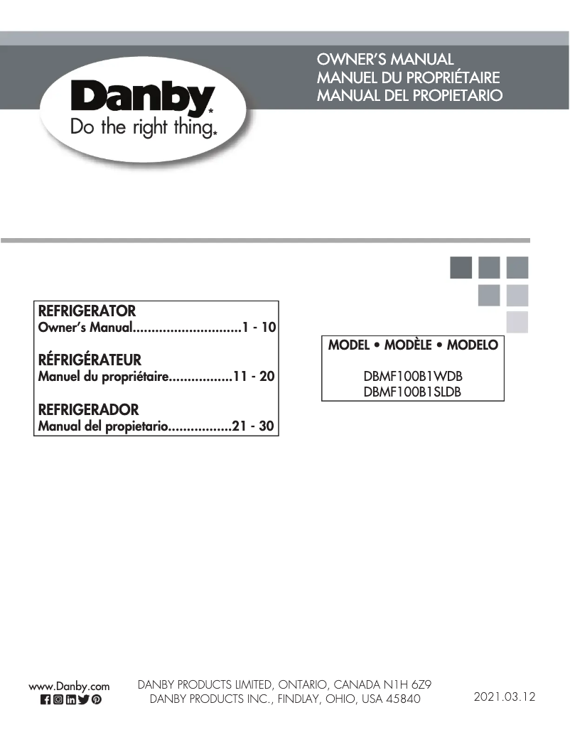 Page 1 de la notice Manuel utilisateur Danby DBMF100B1SLDB