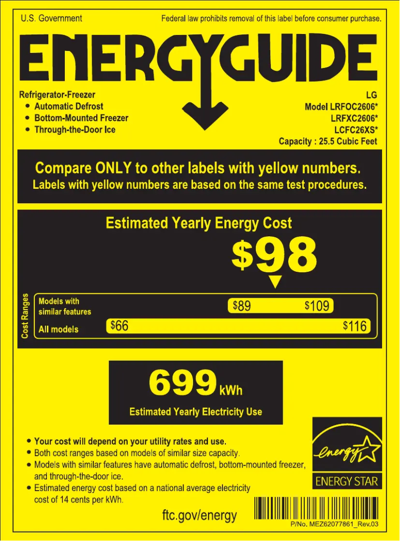 Page 1 de la notice Label énergétique LG LRFXC2606S