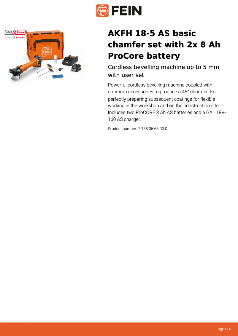 Page 1 de la notice Fiche technique Fein AKFH 18-5 AS