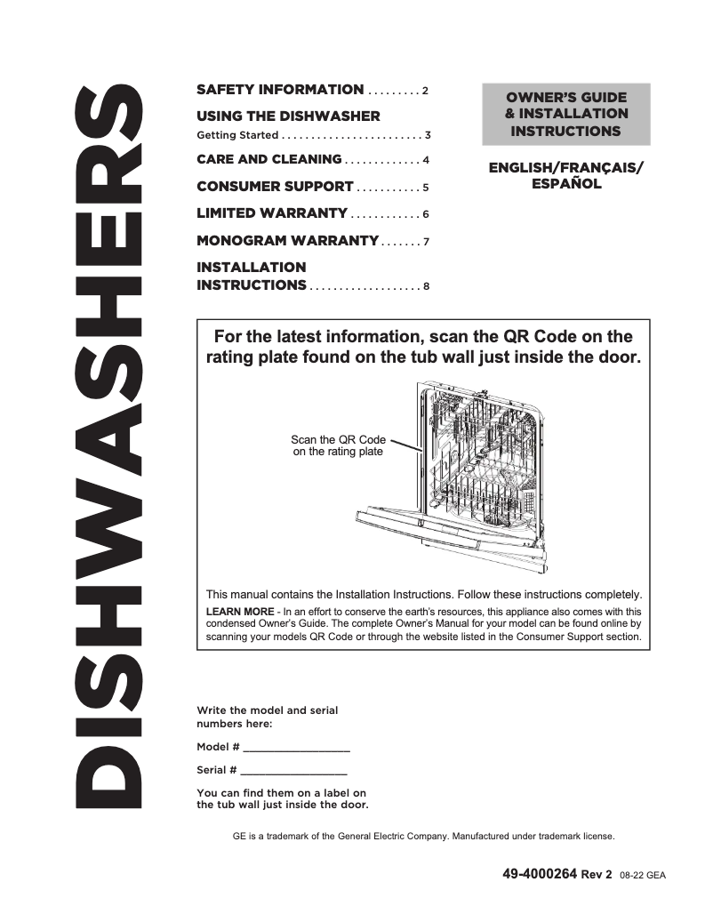 Page n°1 - Guide d'installation GE CDT875P4NW2