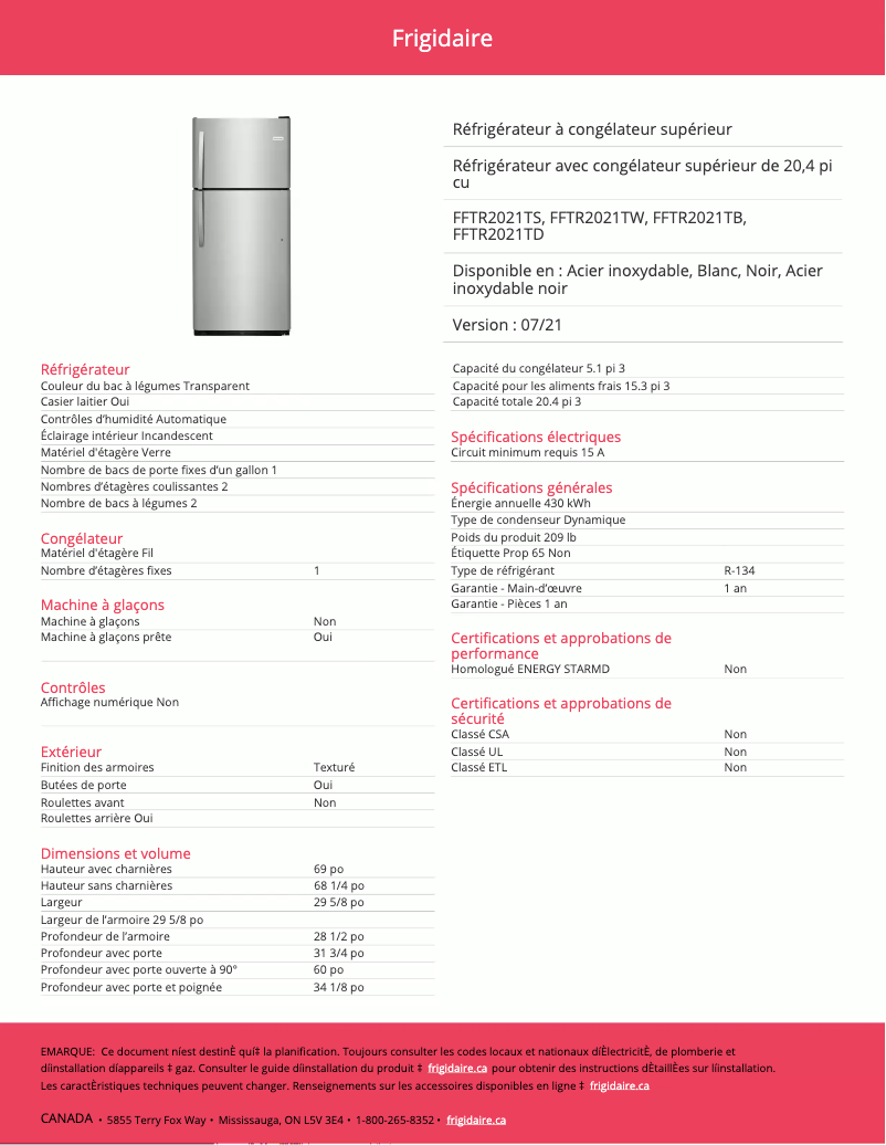 Page 1 de la notice Fiche technique Frigidaire FFTR2021TS