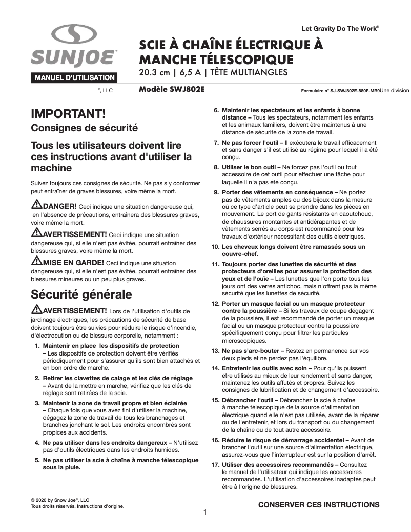 Page 1 de la notice Manuel utilisateur Sun Joe SWJ802E-SJB