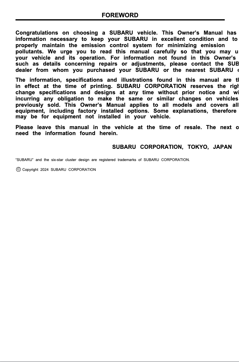 Page 1 de la notice Manuel utilisateur Subaru Forester Touring (2025)