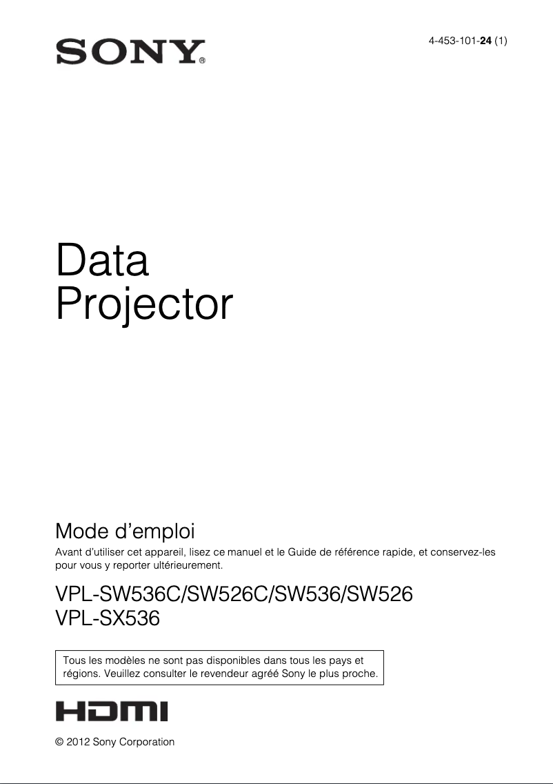Page 1 de la notice Manuel utilisateur Sony VPL-SW526C