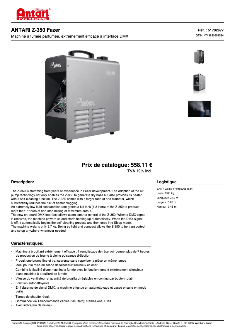 Page 1 de la notice Fiche technique Antari Z-350 Fazer