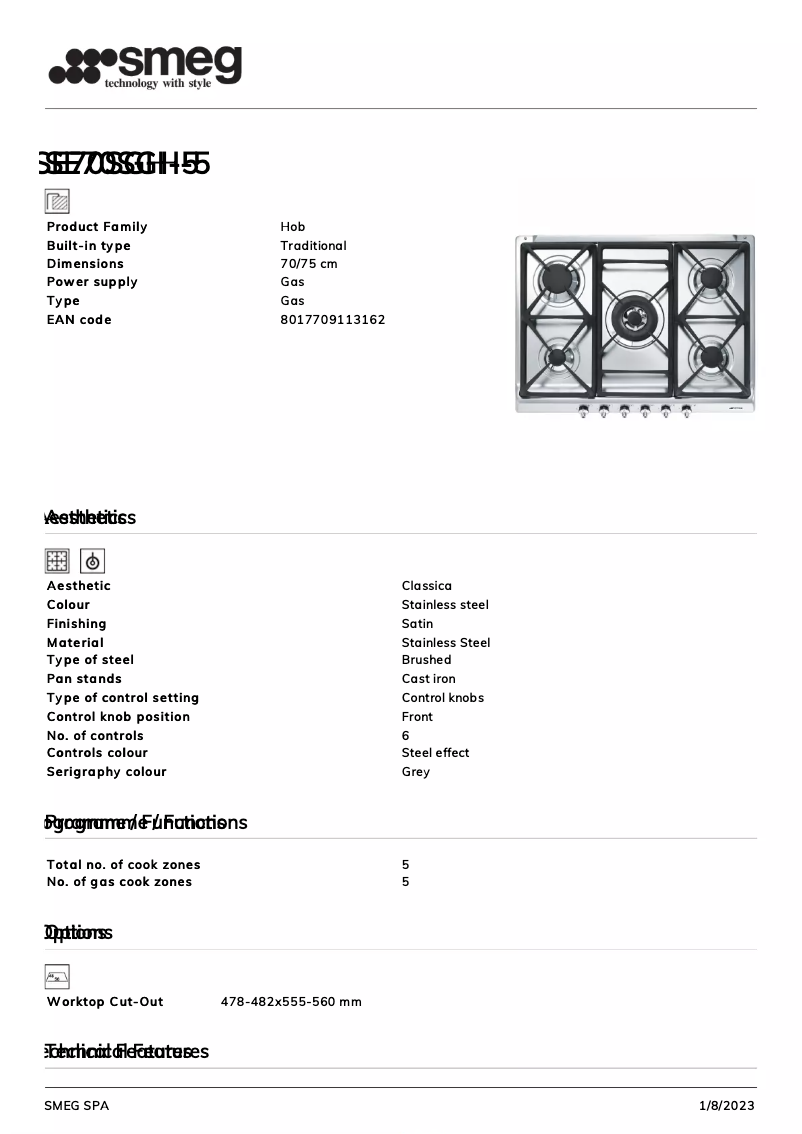 Page 1 de la notice Fiche technique Smeg SE70SGH-5